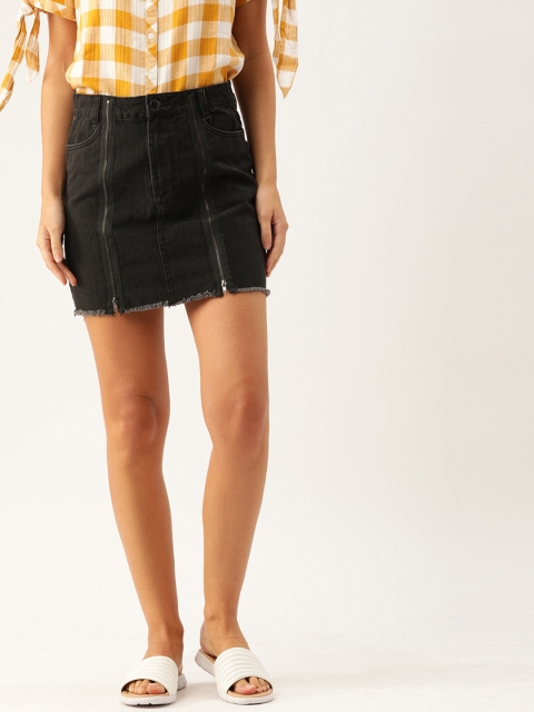 

FOREVER 21 Women Black Solid Pencil Denim Skirt