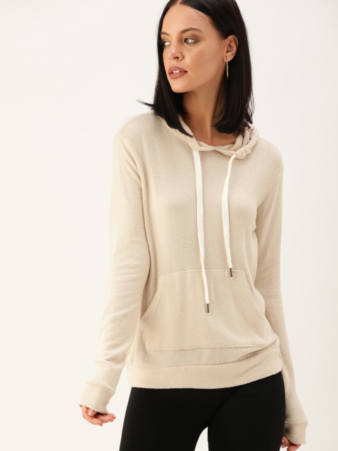 

FOREVER 21 Women Beige Solid Hooded Sweatshirt