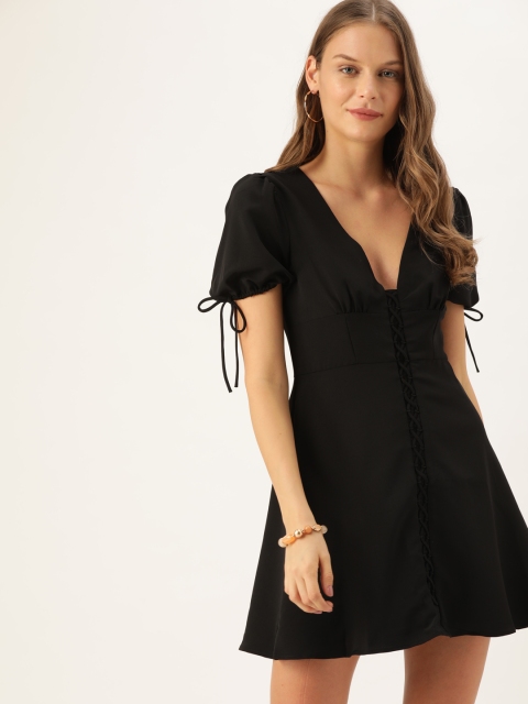 

FOREVER 21 Women Black Solid Fit and Flare Dress with Tie Up Detail