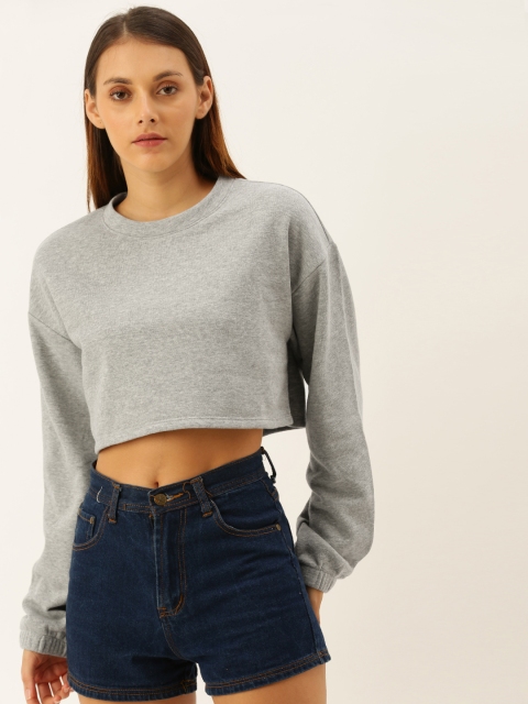 

FOREVER 21 Women Grey Melange Solid Cropped Sweatshirt