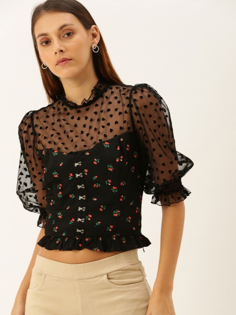 

FOREVER 21 Women Black Printed Cinched Waist Top