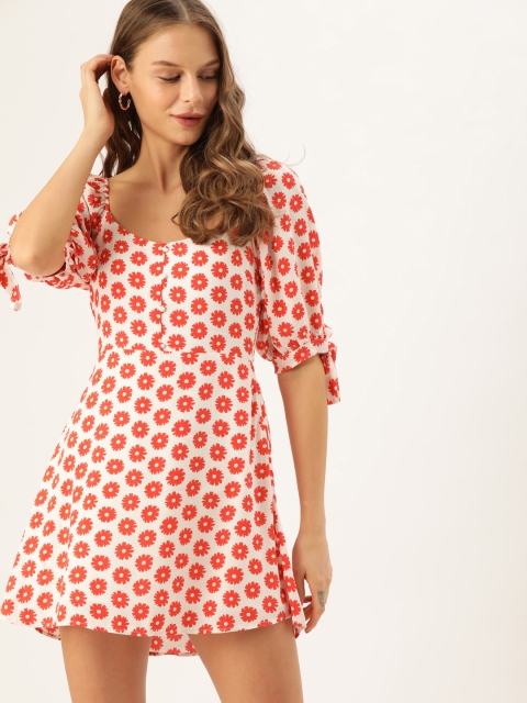 

FOREVER 21 Women Off-White & Red Floral Printed Fit and Flare Dress