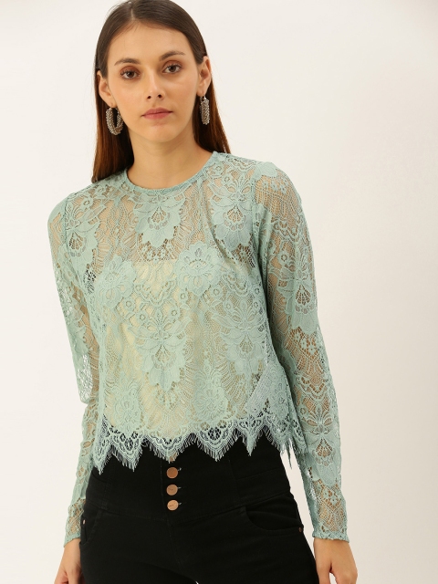 

FOREVER 21 Women Green Semi Sheer Self Design Lace Top