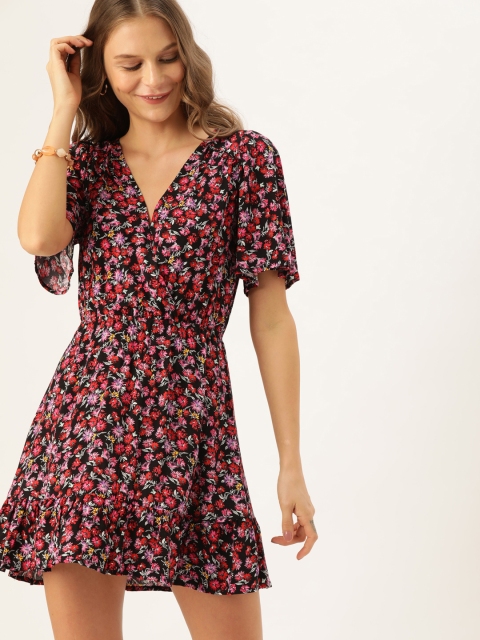 

FOREVER 21 Women Black & Red Floral Printed Wrap Dress