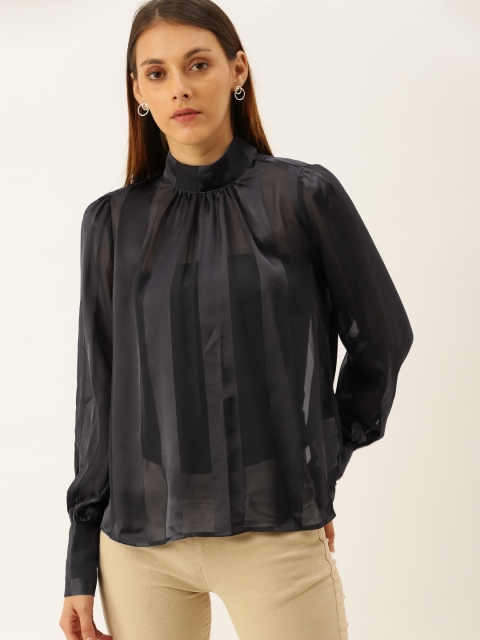 

FOREVER 21 Women Black Striped Semi Sheer Top
