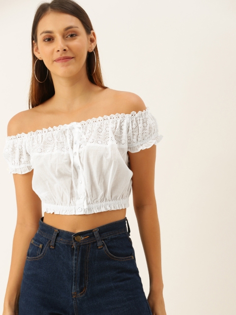 

FOREVER 21 Women White Self Design Bardot Pure Cotton Top