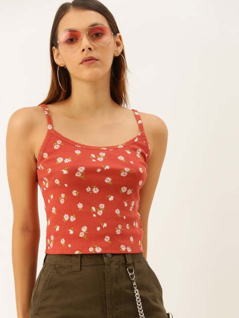 

FOREVER 21 Women Rust Orange and White Ditsy Floral Printed Fitted Pure Cotton Top