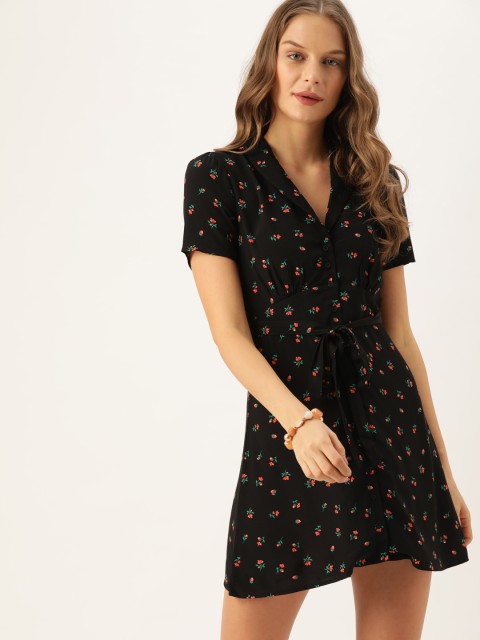 

FOREVER 21 Women Black & Pink Floral Printed Shirt Dress