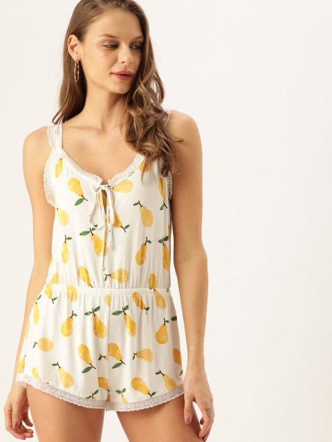 FOREVER 21 Women Cream-Coloured & Yellow Printed Playsuit