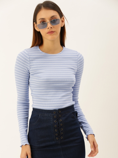 

FOREVER 21 Women Blue & White Striped Fitted Top