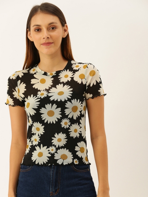 

FOREVER 21 Women Black & Off-White Floral Printed Net Top With Lettuce Hem
