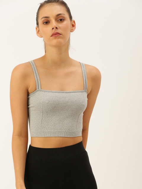 

FOREVER 21 Women Grey Ribbed Fitted Crop Top