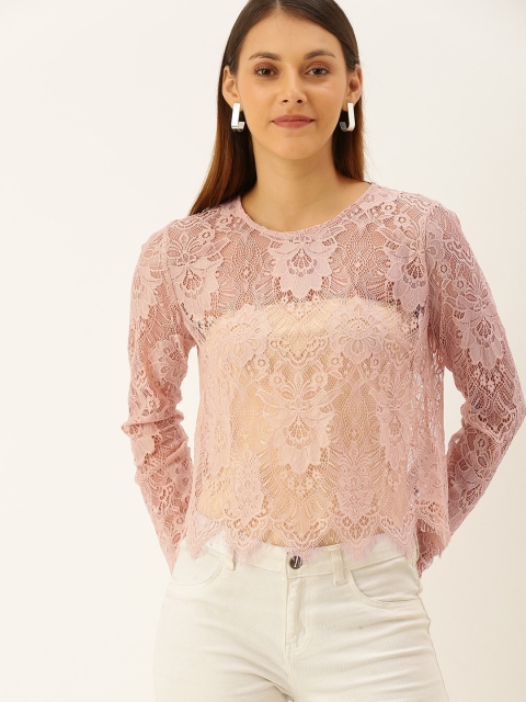 

FOREVER 21 Women Pink Self Design Sheer Lace Top