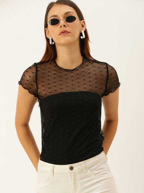 

FOREVER 21 Women Black Self Design Sheer Lace Top