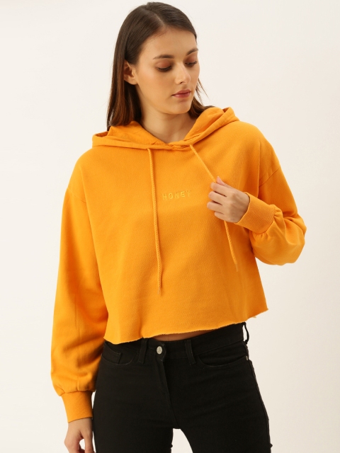 

FOREVER 21 Women Mustard Yellow Solid Hooded Cropped Sweatshirt