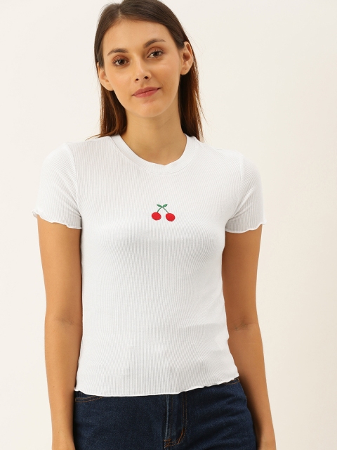 

FOREVER 21 Women White Ribbed Appliqued Fitted Top with Lettuce Edge Detail