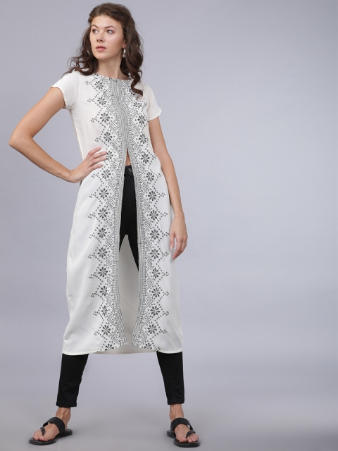 

Folklore Women Off-White Embroidered Longline A-Line Top