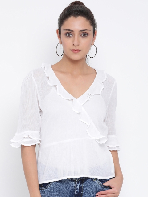 

Oxolloxo Women White Solid Semi Sheer Ruffles Wrap Top