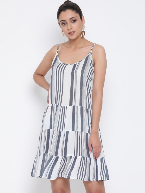 

Oxolloxo Women Navy Blue & White Striped Fit and Flare Dress