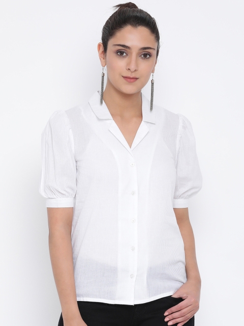 

Oxolloxo Women White Regular Fit Self Striped Semi Sheer Casual Shirt