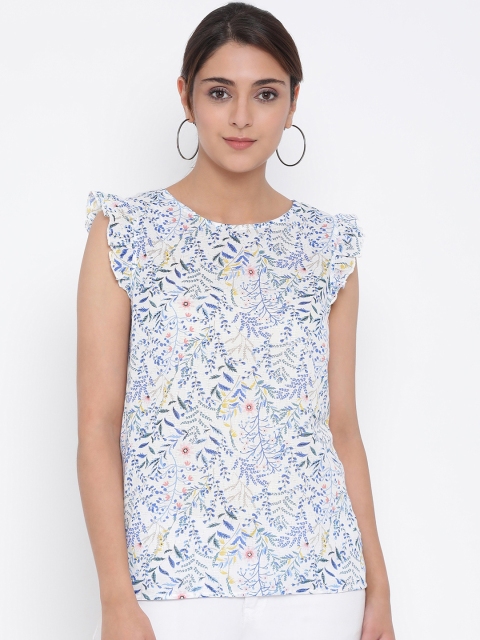

Oxolloxo Women White & Blue Floral Print Top