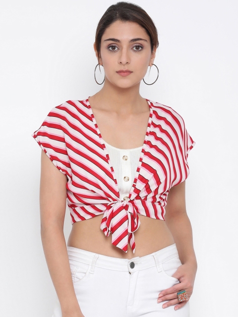 

Oxolloxo Women Red & White Striped Tie-Knot Shrug