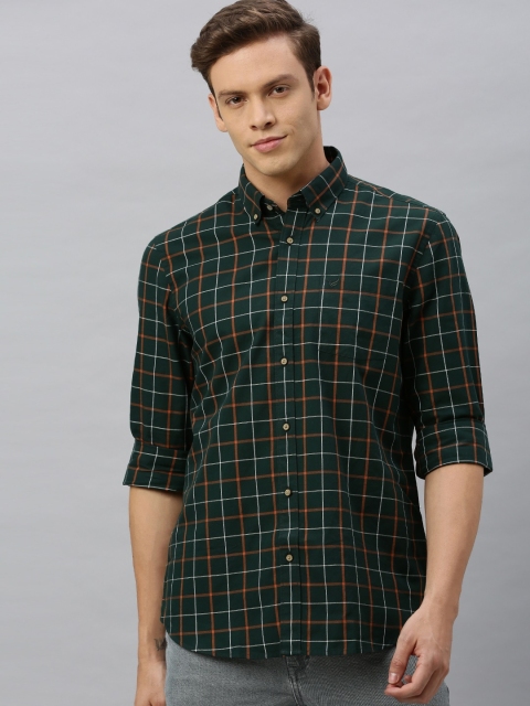 

Blackberrys Men Green & Rust Orange Slim Fit Checked Casual Shirt