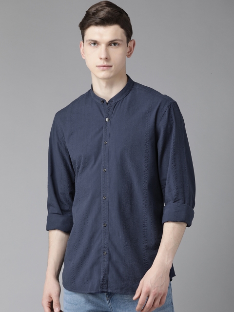 

Blackberrys Men Navy Blue Pure Cotton Trim Slim Fit Self-Striped Casual Shirt