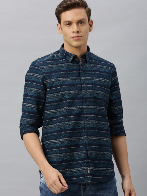 

Blackberrys Men Navy Blue & Teal Green Slim Fit Striped Casual Shirt