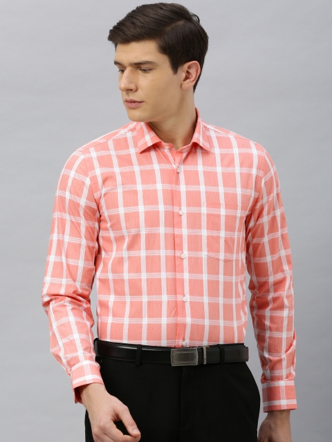 

Blackberrys Men Peach-Coloured & White Slim Fit Checked Formal Shirt
