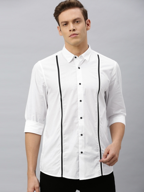 

Blackberrys Men White & Black Trim Fit Striped Casual Shirt with Taping Detail