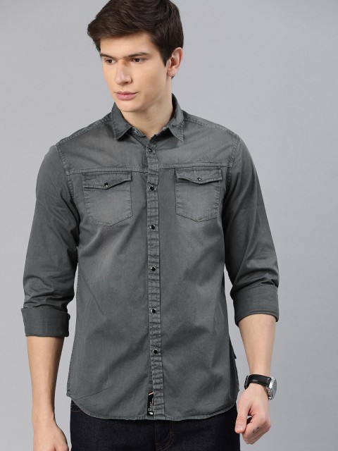 

THE BEAR HOUSE Men Grey Slim Fit Faded Casual Shirt