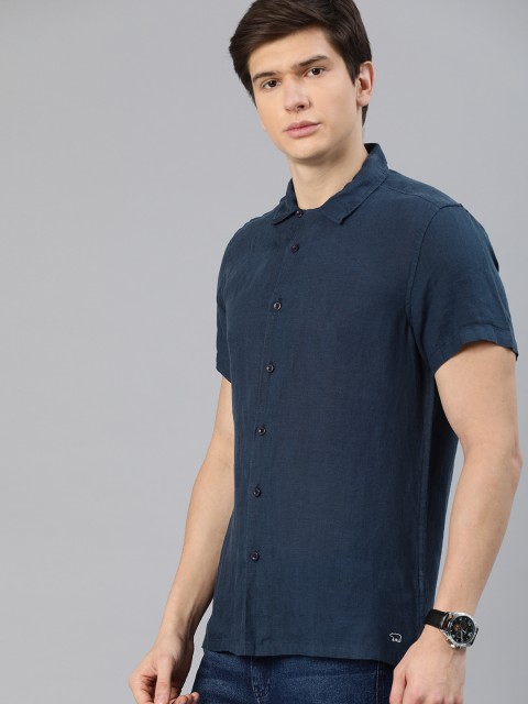 

THE BEAR HOUSE Men Navy Blue Solid Slim Fit Linen Casual Shirt