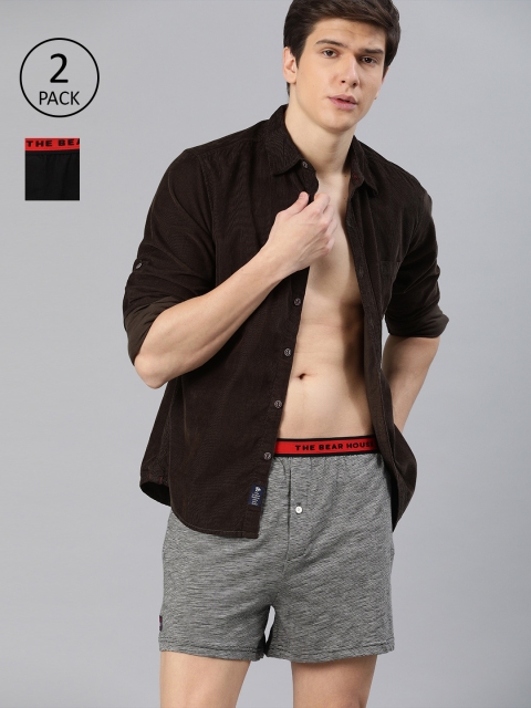 

THE BEAR HOUSE Men Grey & Black Pack Of 2 Striped Knitted Boxers TBH-BARCA