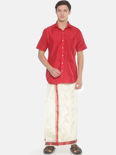 

Sethukrishna Men Red & White Solid Dhoti Shirt Set