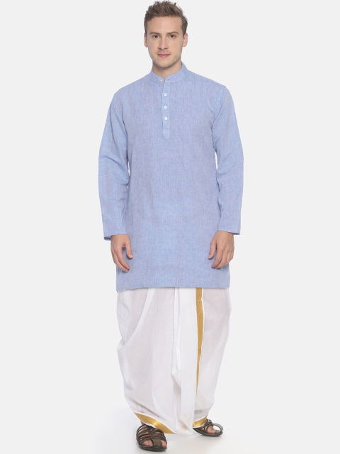 

Sethukrishna Men Blue & White Solid Kurta with Dhoti Pants