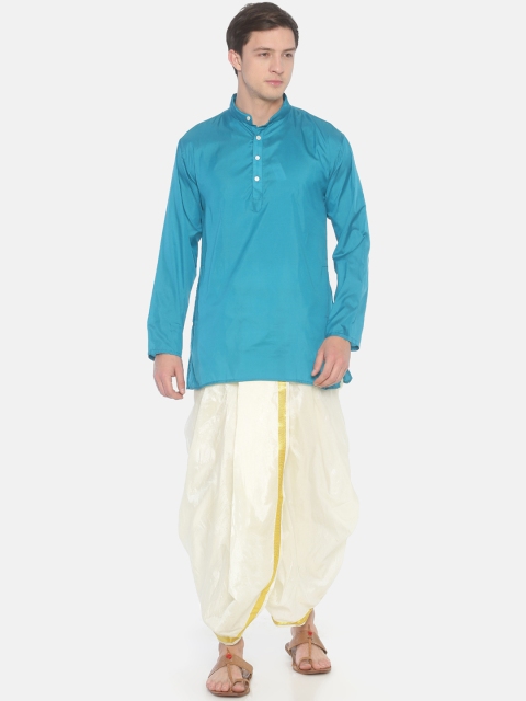 

Sethukrishna Men Blue & White Solid Kurta with Dhoti Pants