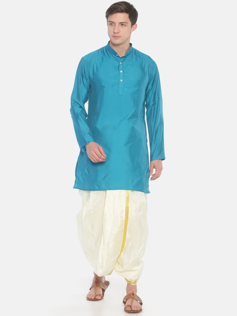 

Sethukrishna Men Blue & White Solid Kurta with Dhoti Pants