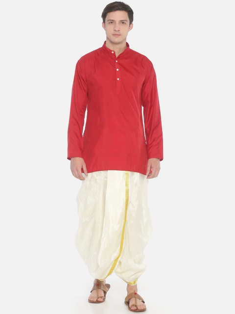 

Sethukrishna Men Red & White Solid Kurta with Dhoti Pants