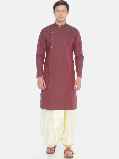

Sethukrishna Men Maroon & Cream-Coloured Solid Kurta with Dhoti Pants
