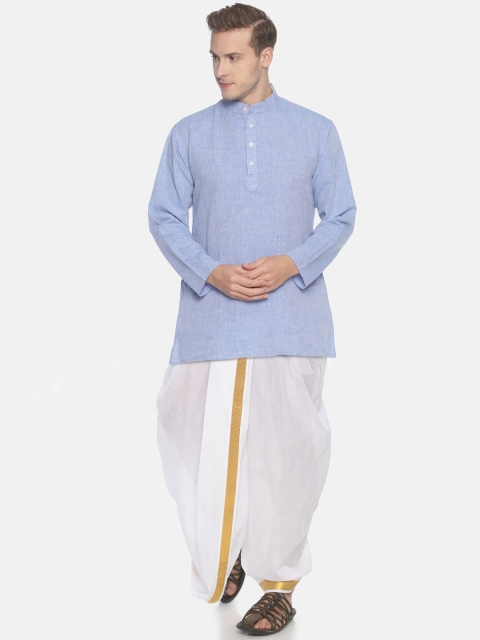 

Sethukrishna Men Blue & White Solid Kurta With Dhoti Pants
