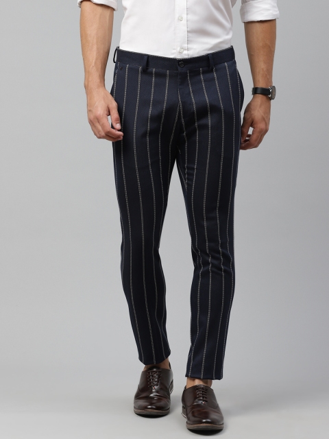 

Blackberrys Men Navy Blue & White Striped Skinny Fit Trousers