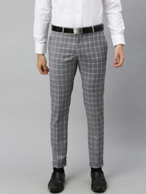 

Blackberrys Men Grey & White Narrow Checked Formal Trousers