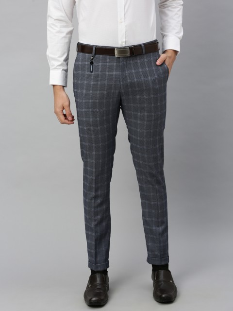 

Blackberrys Men Navy Blue & Grey Narrow Fit Checked Formal Trousers