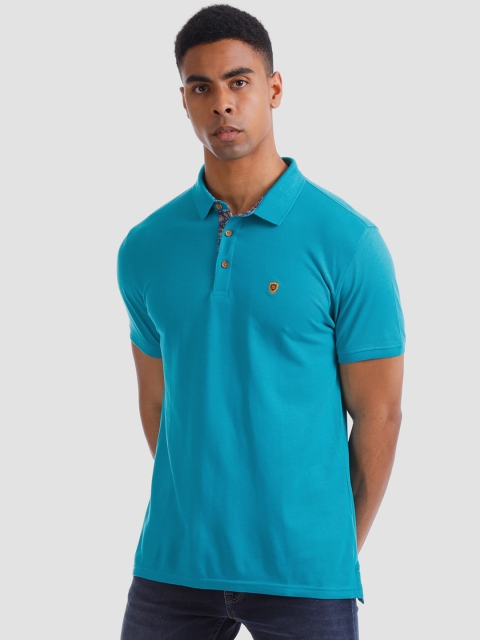 

True Blue Men Turquoise Blue Solid Slim Fit Polo Collar T-shirt