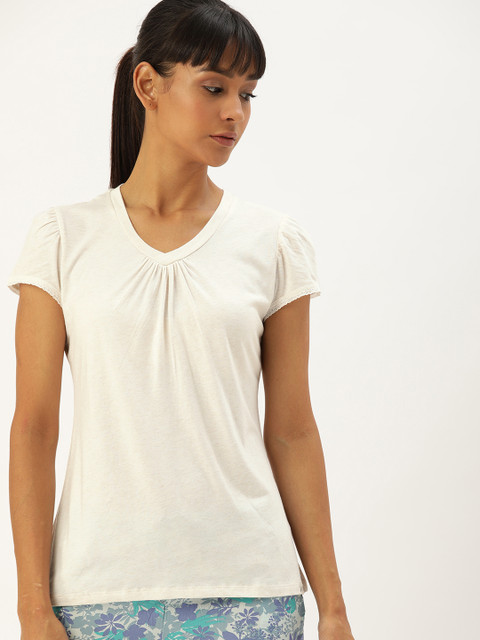 

Jockey Women Off-White Relaxed Fit Solid V-Neck T-shirt