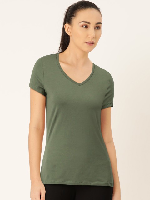 

Jockey Women Olive Green Solid V-Neck T-shirt