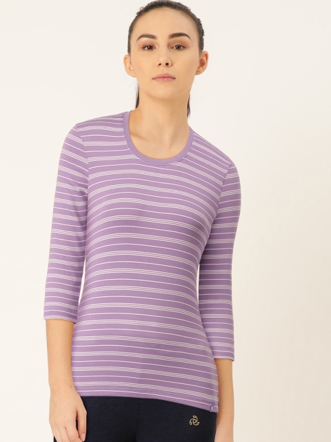 

Jockey Women Purple & White Striped Round Neck T-shirt
