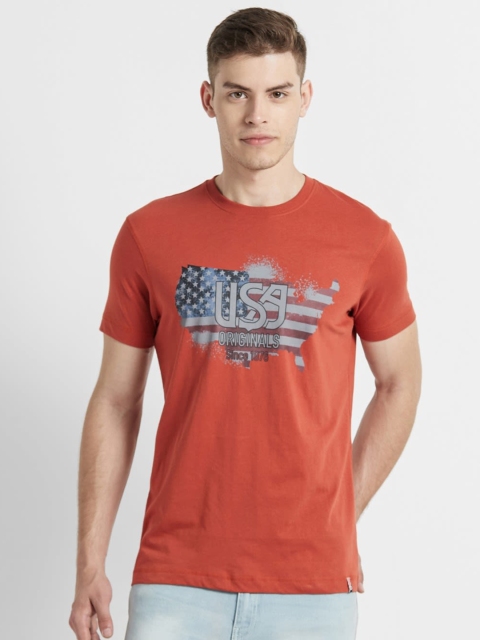 

Jockey Men Coral Red Printed Round Neck T-shirt