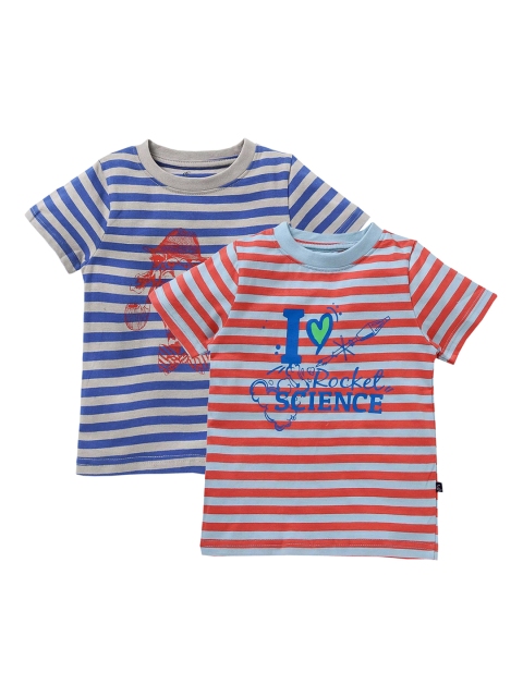 

KiddoPanti Boys Pack of 2 Blue & Red Striped Round Neck T-shirt